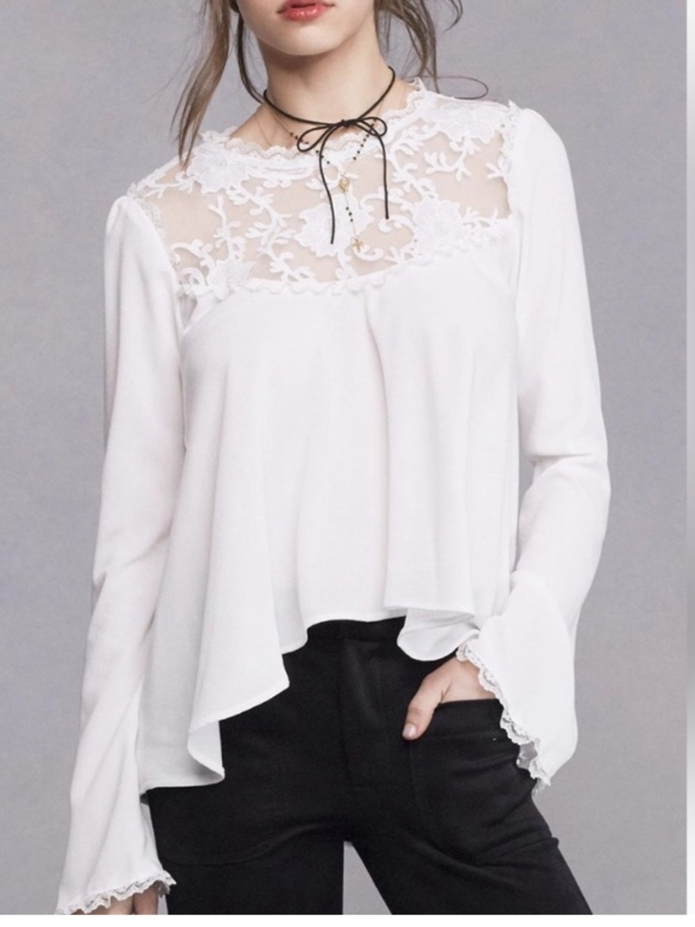 For Love & Lelins White Lace Yoke Long Sleeve Blouse NWT SZ XS